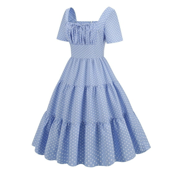 Mrat Women's Vintage Short Sleeve Dress Solid Printed Ruched Cute A-Line Flowy Midi Dress Cocktail Party Pageant Dress S-10 Blue XL