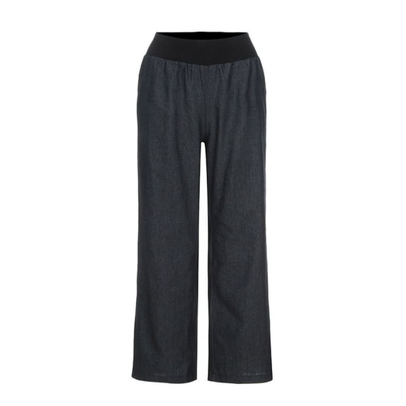 Mrat Women's Wide Leg Pants Polyester Pants Casual Elastic Mid Waist Baggy Pants Solid Loose Trousers with Pockets S-82 Black XXL