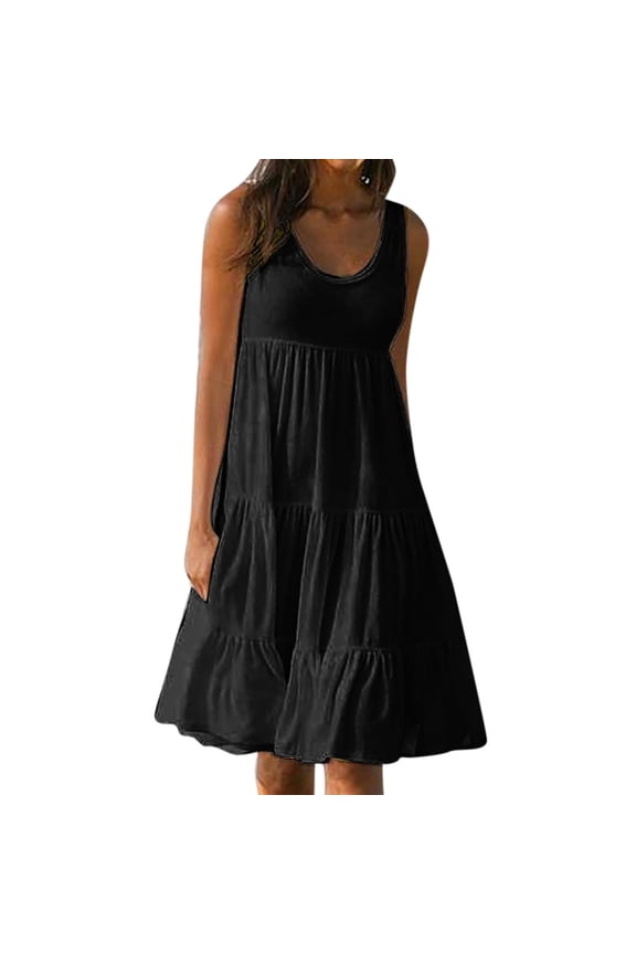 Women's Wide Strap Tank Dress Sleeveless Loose Flowy Short Dress High Waist Pleated Solid Sundress Denim Dresses S-47 Black L
