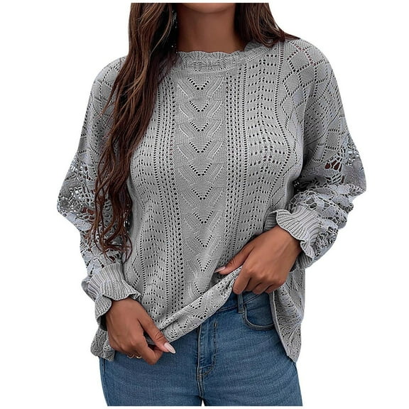 Mrat Women's Winter Fashion Tops Women's Casual Fashion Solid Color Long Sleeve Round-Neck Ruched Pullover Blouse Tops Light Sweaters for Women S-43 Gray M