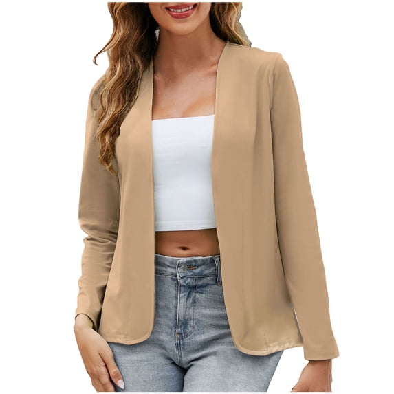 Mrat Women's Work Office Suit Collarless Casual Cropped Blazer Jacket Cardigan Sweaters for Women S-12 Khaki m