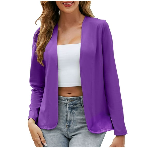 Mrat Women's Work Office Suit Collarless Casual Cropped Blazer Jacket Cardigan for Women S-12 Purple m