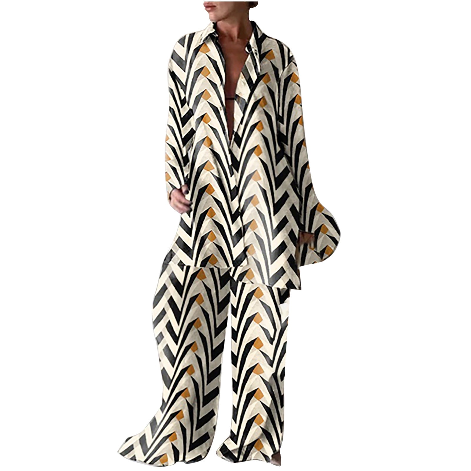 Unique Printed Lapel Short-sleeved Loose Shirt and Elastic Waist Tie Wide-leg Pants Set main image 0