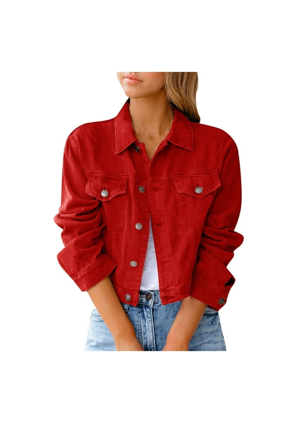 Womens 3/4 Sleeve Short Denim Jacket Lapel Button Cropped Trucker Jean Jackets Coats Women Blazers S-16 Red-A S