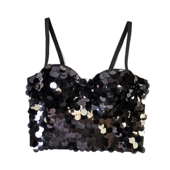 Mrat Womens Bralette Wirelss Women's Corset Fishbone Bra Sequin Bead Hanging Strap Cropped Tops Party Clubwear S-290 Black S