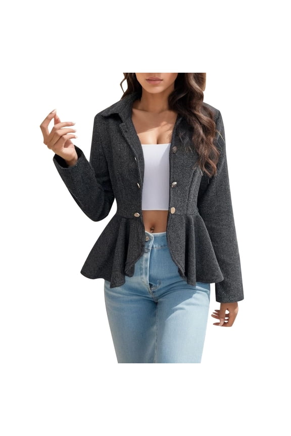 Womens Business Blazer Solid Ruffles Peplum Lapel Collar Lightweight Office Work Elegant Jacket Coat Jacket for Lady S-407 Black M
