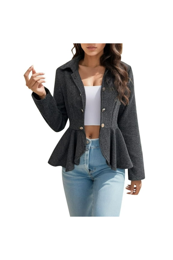 Womens Business Blazer Solid Ruffles Peplum Lapel Collar Lightweight Office Work Elegant Jacket Coat Winter Jackets for Lady Long S-407 Black S