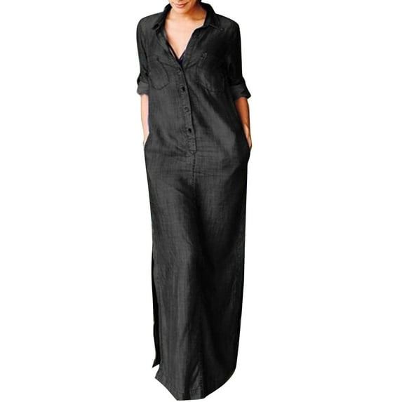 Mrat Womens Button Shirt Denim Dress Long Sleeve Lapel Long Shirt Maxi Dress Plus Size Split Jean Dress with Pockets S-55 Black XXL