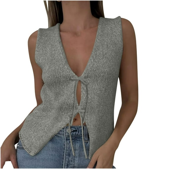 Mrat Womens Camisole Tank Tops Women Crochet Tops Vintage Solid Color V Neck Sleeveless Cropped Tops Streetwear S-174 Gray L