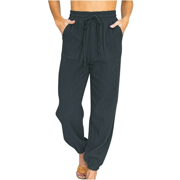 Mrat Womens Casual Pencil Pants Full Length Pants Ladies Fashion Casual Solid Color High Waist Lace-up Loose Trousers Long Pants Female Comfy Trousers Dark Gray S
