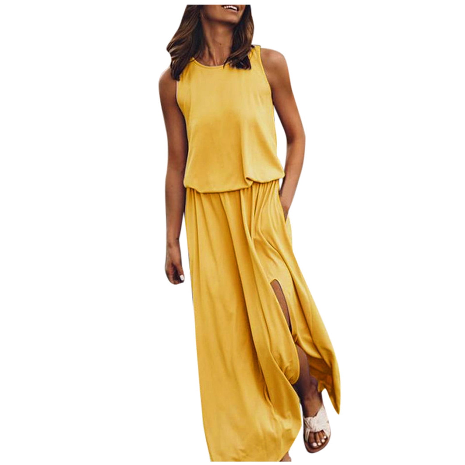 Women S Round Neck Sleeveless Dress Slit Multicolor Solid Color Long Dress