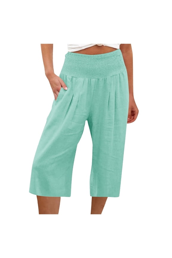 Mrat Womens Casual Trousers Solid Color Elastic High Waist Wide Cropped Leg Loose Running Climbing Capris Pants Trousers Pocket Pants Hot Pink S