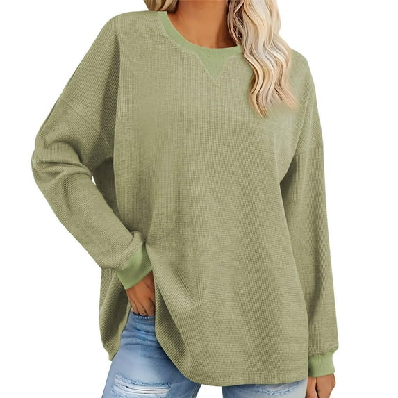 Mrat Womens Color Block Shirt Casual Crew Neck Sweatshirt Fall Long Sleeve Waffled Knit Sweatshirt Loose Fitting Tunic Tops Blouse Hoodies for Teen Girls 2024 S-133 Green M