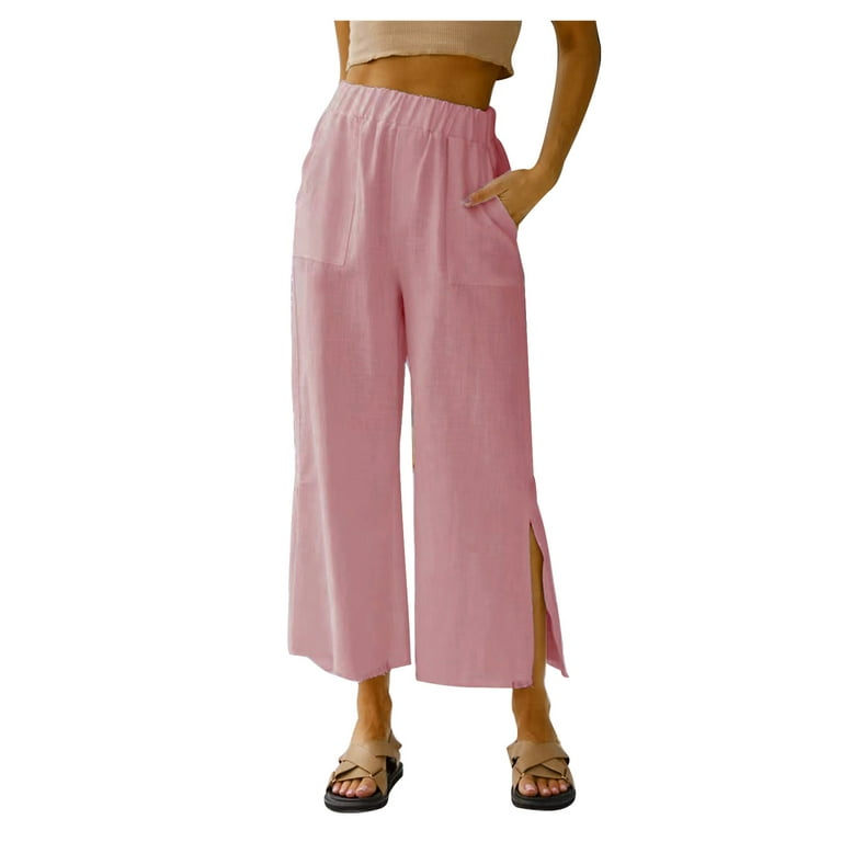 Mrat Womens Comfy Pants Full Length Pants Ladies Casual Solid Medium Waist  Pocket Loose Split Ice Silk Wide Leg Pants Female Pants Cargo Pink M 