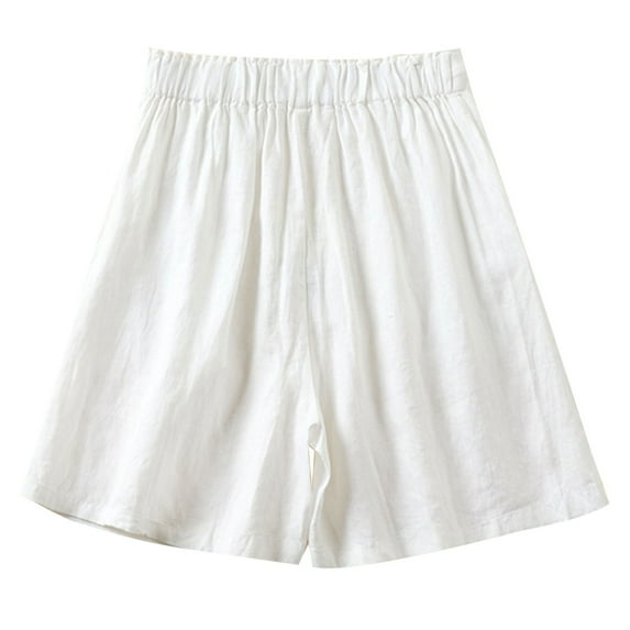 Mrat Womens Cotton Linen Shorts Solid Color Loose Shorts Elastic Waist Pocketed Casual Pants S-75 White m