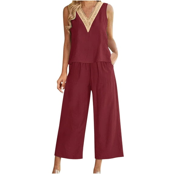Mrat Womens Cotton and Linen Suit Solid Color Two-Piece V-Neck Lace Sleeveless Tops Capris Pants Outfits Loungewear Sets Office Sets 2 Piece Running Outfits Set S-74 Wine m