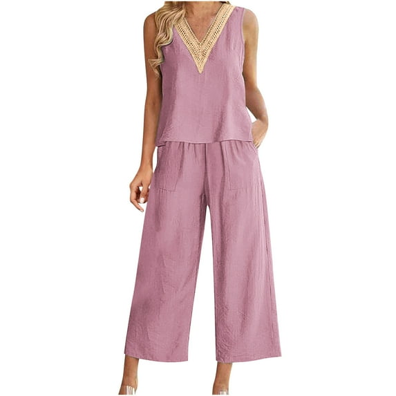 Mrat Womens Cotton and Linen Suit Solid Color Two-Piece V-Neck Lace Sleeveless Tops Capris Pants Outfits Loungewear Sets Office Sets Womens Spring Outfits S-74 Pink-a m