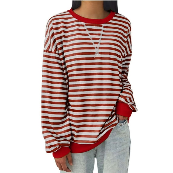 Mrat Womens Crewneck Oversized Sweatshirt Striped Color Block Tops Long Sleeve Shirts Pullover Sweaters Clothes S-102 Red-a XXL
