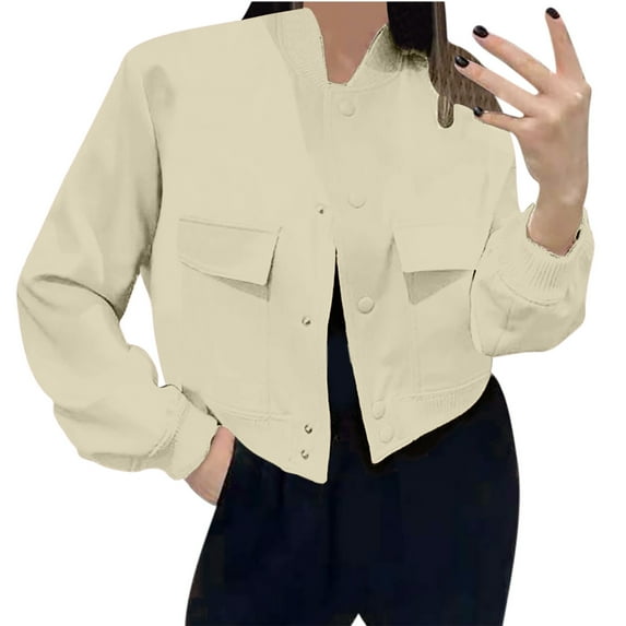 Mrat Womens Cropped Baseball Jacket Button Jackets Streetwear with Pockets Single Breasted Solid Color Jacket Star Jacket Lady S-259 Beige XXL