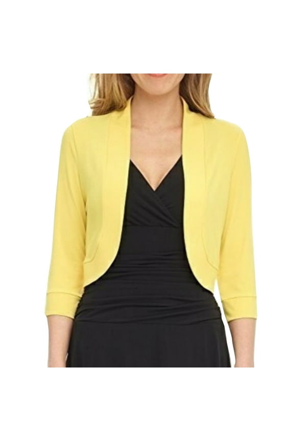 Womens Cropped Blazer Casual Business 3/4 Sleeve Collarless Open Front Cardigan Work Jacket Summer Cardigans S-11 Yellow L
