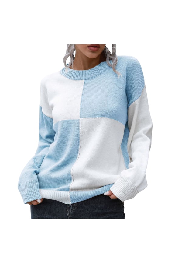 Womens Fall Sweaters Checkerboard Plaid Sweater Cowl Neck Sweater Cropped Sweater Loose Winter Long-Sleeved Knitted Sweaters Light Blue L