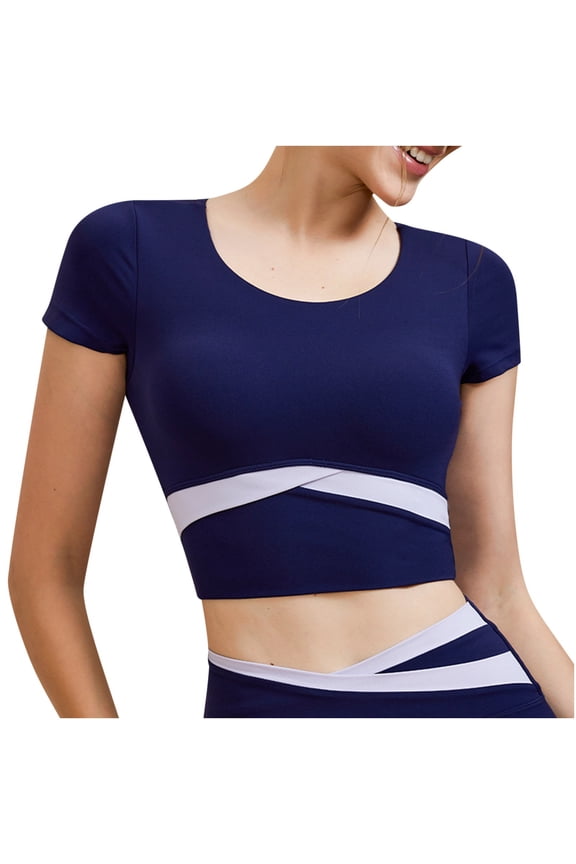 Mrat Womens Full-Figure Bra Womens Yoga Workout Cropped Tops Slim Fitting Tees Short Sleeve Built in Bra Support Feeling U Neck T-Shirts S-11 Dark Blue XL