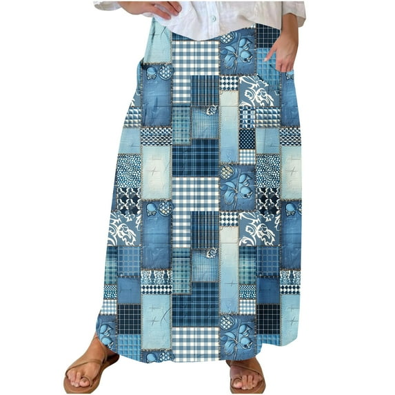 Mrat Womens Golf Skirt Women's Casual Retro Floral Skirts Linen Elastic Waist Pleated Maxi Skirt with Pockets Plus Size Skirts S-300 Sky Blue S