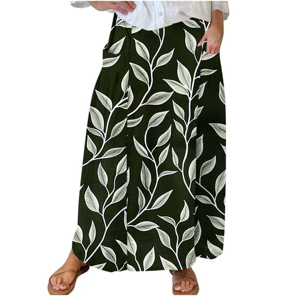 Mrat Womens Golf Skirts Women's Casual Retro Floral Skirts Linen Elastic Waist Pleated Maxi Skirt with Pockets Plus Size Skirts S-110 A-Green M