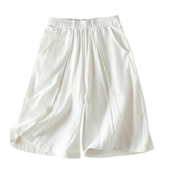 Mrat Womens Half Short Womens Summer Solid Color Leisure Pocket Pants Casual Elastic Waist Cotton and Linen Shorts Half Shorts Pants Linen Pants for Women, S-57 White XL