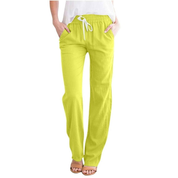 Mrat Womens Hiking Pants Full Length Pants Fashion Ladies Summer Casual Loose Cotton and Linen High Waisted Trousers Solid Color Drawstring Elastic Waist Loose Long Pants with Pocket Yellow_D XXL