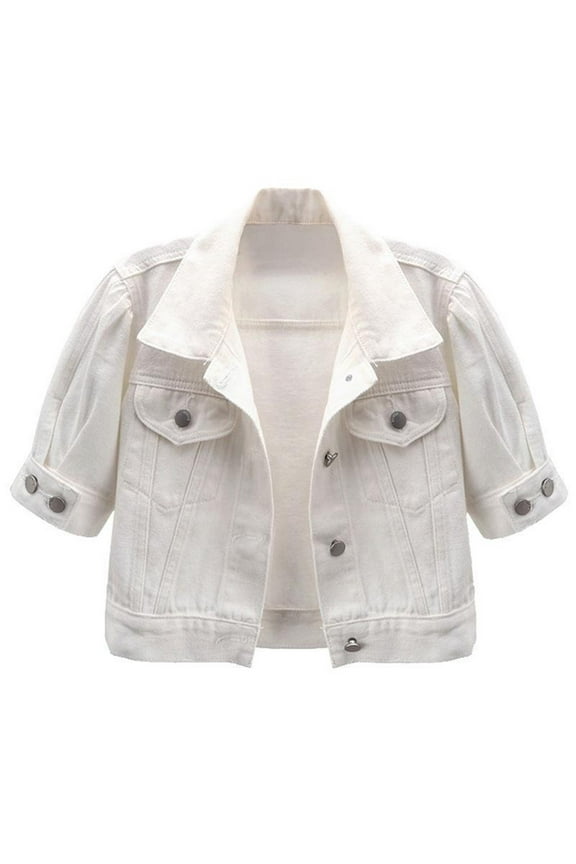 Womens Jean Jacket Cropped Denim Jackets Stretchy 3/4 Puff Sleeve with Pockets Blazer Dress S-34 White XXL