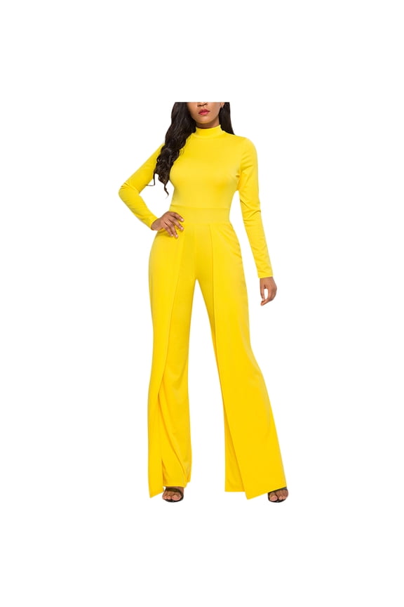Womens Jumpsuits Dressy Women's Trendy Wide Leg Pants Solid Long Sleeve Jumpsuit Long Pants Ankle Pants for Women S-10 Yellow XL