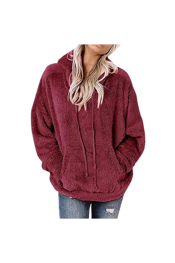 Womens Lightweight Zip up Sweatshirt Women's Fuzzy Long Sleeve Hooded Jacket Color Pocket Casual Loose Plush Sweaters S-204 Wine M