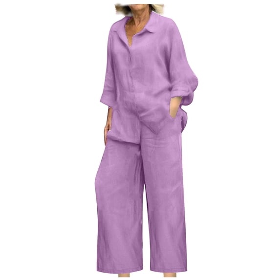 Mrat Womens Linen Set Casual Loose 2 Piece Set Cotton Linen Pants with Shirt Button Lapel Tops Long Sleeve Outfits S-53 Purple XXL