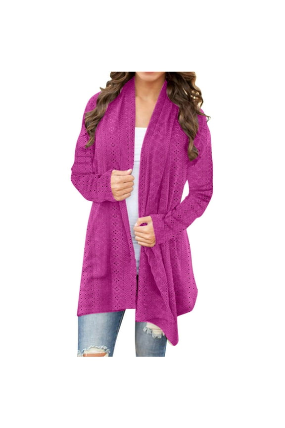 Womens Long Cardigan Duster Eyelet Blouse Cardigan Outwear with Pockets Light Weight Jackets Ladies S-368 Pink-a XL
