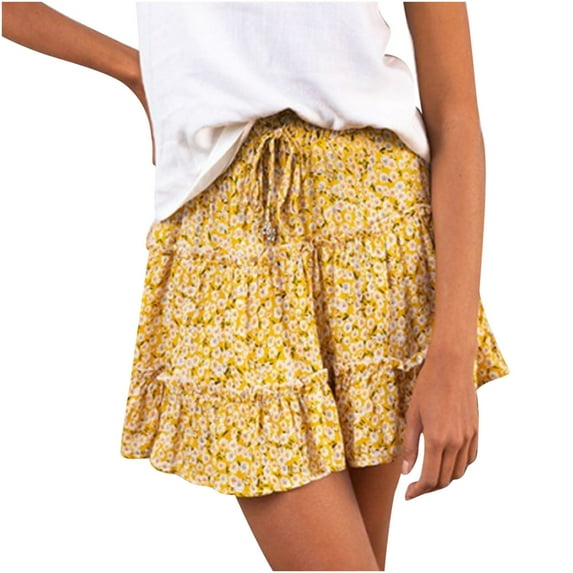 Mrat Womens Long Skirt Summer Casual Vintage High Waist A-Line Zipper Short Skirt Ribbed Knit Basic Tube Midi Skirt Floral Print Tie Waist Solid Knitted Beach Ruffled Short Skirt Yellow_AA L