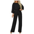 thumbnail image 1 of Mrat Womens Loose 3/4 Sleeve Jumpsuits Wide Leg Pant Romper Jumpsuit Business Casual One-Piece Outfits with Belted S-63 Black L, 1 of 6