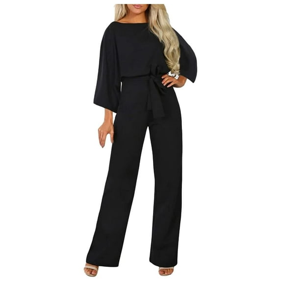 Mrat Womens Loose 3/4 Sleeve Jumpsuits Wide Leg Pant Romper Jumpsuit Business Casual One-Piece Outfits with Belted S-63 Black L