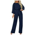 thumbnail image 1 of Mrat Womens Loose 3/4 Sleeve Jumpsuits Wide Leg Pant Romper Jumpsuit Business Casual One-Piece Outfits with Belted S-63 Navy L, 1 of 6