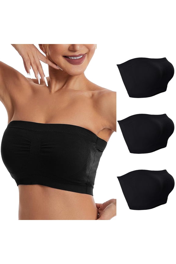 Womens Low Back Bra 3pc Strapless Bandeau Bra for Women, Seamless Bralettes Stretchy Padded Tube Tops Bra with Clear Strap S-410 Black XXL