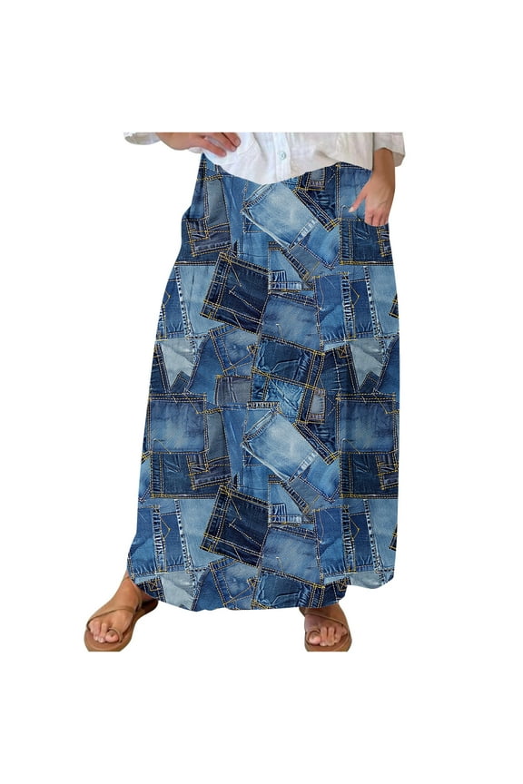 Womens Maxi Skirt Women's Casual Retro Floral Skirts Linen Elastic Waist Pleated Maxi Skirt with Pockets Plus Size Skirts S-289 Dark Blue 5XL