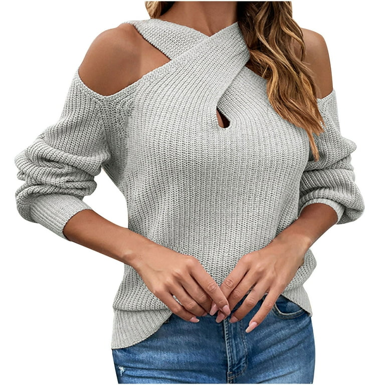 Mrat Womens Off the Shoulder Sweater Casual Soild Long Sleeve Distressed Sweater Cute Fall Sweaters Pullover Round Neck Sweater Gray S