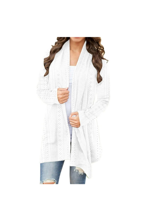 Womens Open Front Cardigan Duster Eyelet Lightweight Fall Trendy Long Sleeve Cardigans Sweater with Pockets Soft shells Jacket S-367 White S