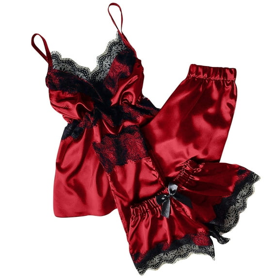 Mrat Womens Pajamas Pajama Sets V-Neck Lingerie Dress Ladies Nightgowns Lace Lingerie Lace Camisole Pajamas Bowknot Shorts Set Red_C XXXL