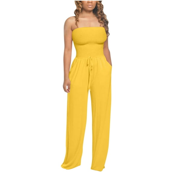 Mrat Womens Pants Jumpsuit Bandeau Strapless Elastic Waist Drawstring Rompers Wide Leg Jumpsuit Rompers with Pockets Loose Sleeveless Trousers Yellow L