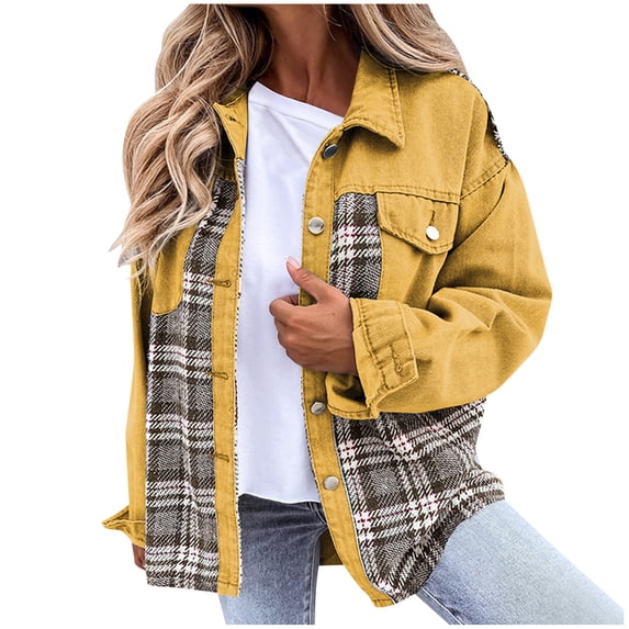 Mrat Womens Plaid Denim Jacket Casual Lapel Long Sleeve Button-Down Jean Jackets Coats Outerwear with Pockets Women Fall Shirts Shacket Jacket C-5 Yellow XXL