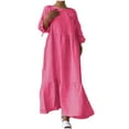 thumbnail image 1 of Mrat Womens Plus Size Cotton Linen Maxi Dress Loose Crewneck Long Sleeve Solid Long Dresses Travel Vacation Outfits S-54 Hot-Pink 4XL, 1 of 6