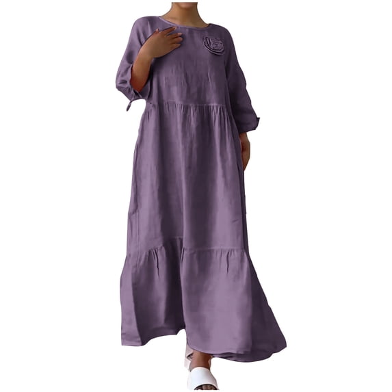 Mrat Womens Plus Size Cotton Linen Maxi Dress Loose Crewneck Long Sleeve Solid Long Dresses Travel Vacation Outfits S-54 Purple XXL