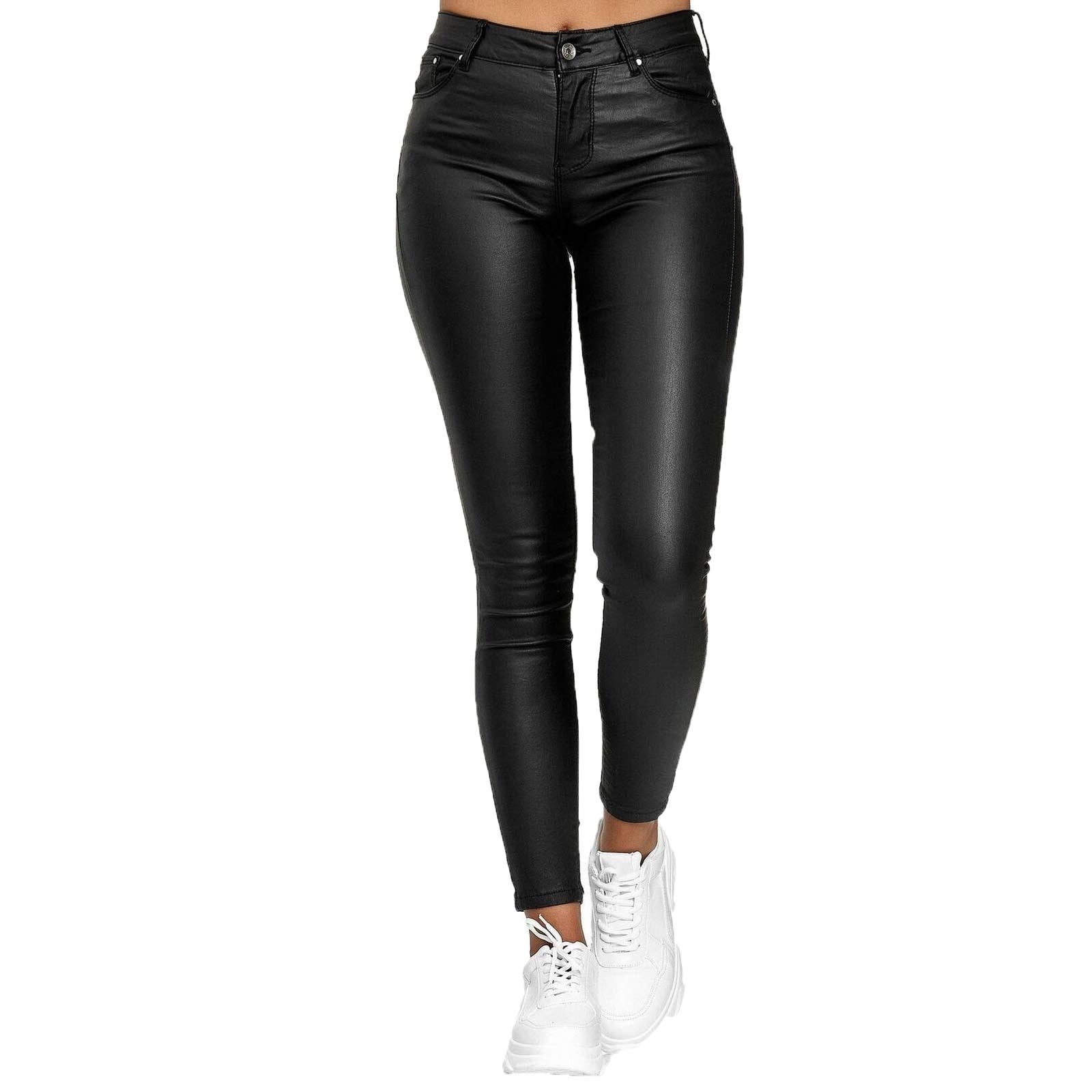 Mrat Womens Plus Size Pants Full Length Pants Fashion Ladies Solid Casual  Pockets Button High Waist Faux Leather Long Pants Black Dress Pants Female