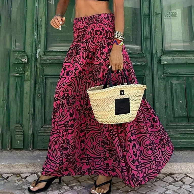 Mrat Womens Plus Size Skirt Women s Summer Beach Holiday Sheer Skirt Casual Loose Color Printing Holographic Metallic Skirts Elastic Waist Skirt Side